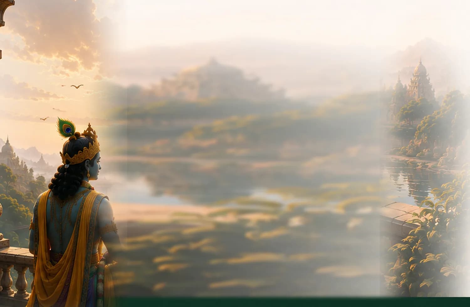 Krishna at sunrise overlooking the lake and temple