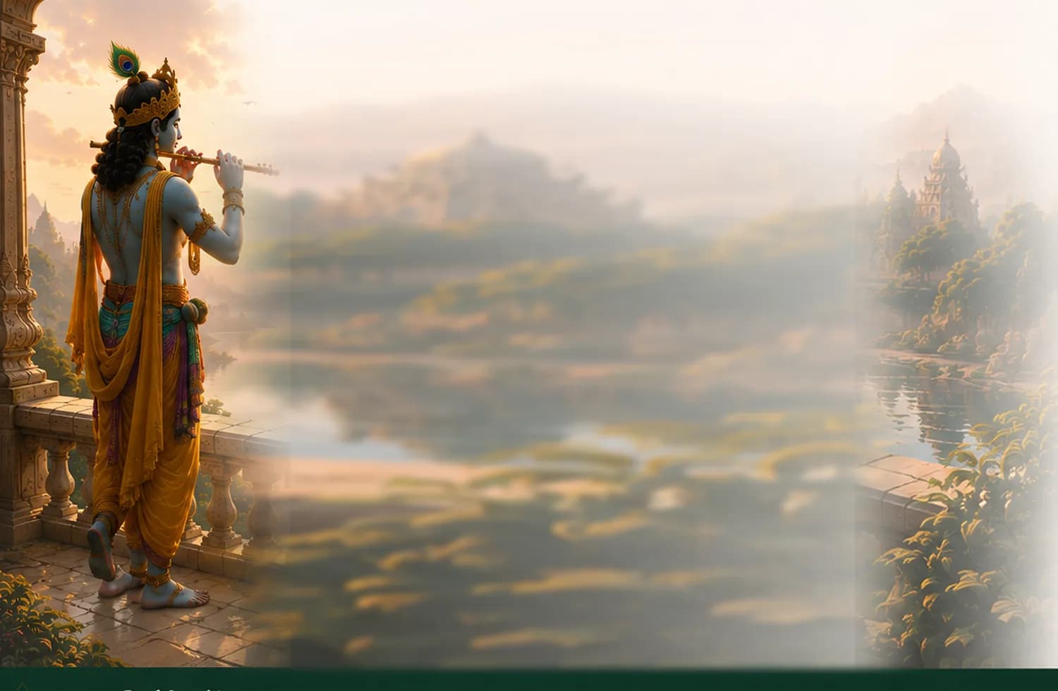 Krishna playing the flute on a balcony overlooking the lake and temple at sunrise