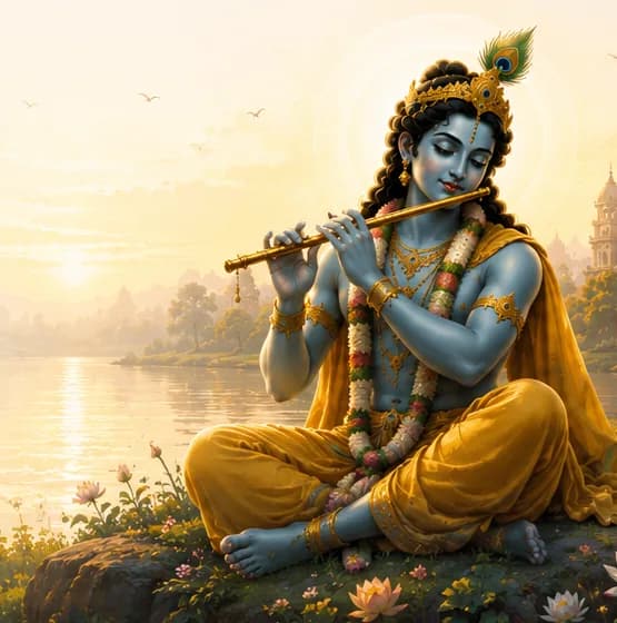 Krishna playing the flute at sunrise
